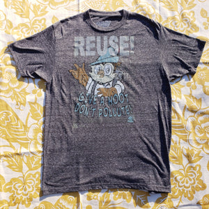 Eco friendly upcycled charcoal gray Woodsy Owl T-Shirt that says Reuse Because You Can't Recycle The Planet.