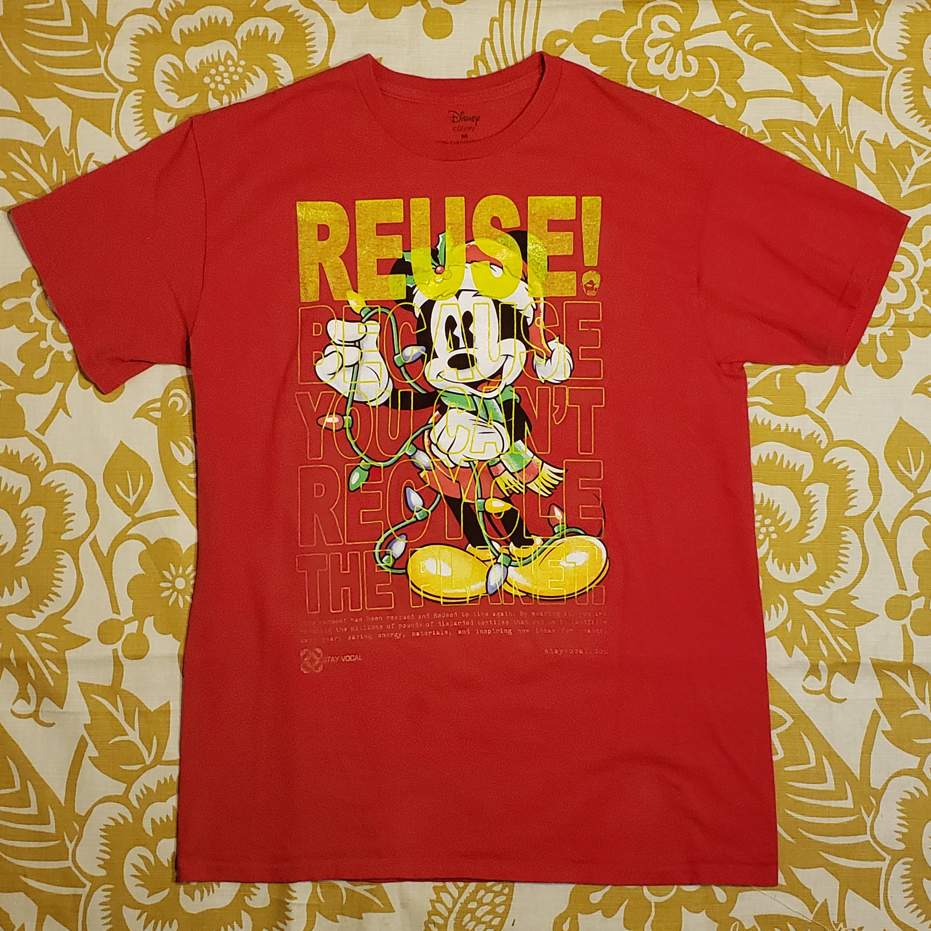 Eco friendly upcycled red Mickey Mouse with Christmas Lights T-Shirt that says Reuse Because You Can't Recycle The Planet.