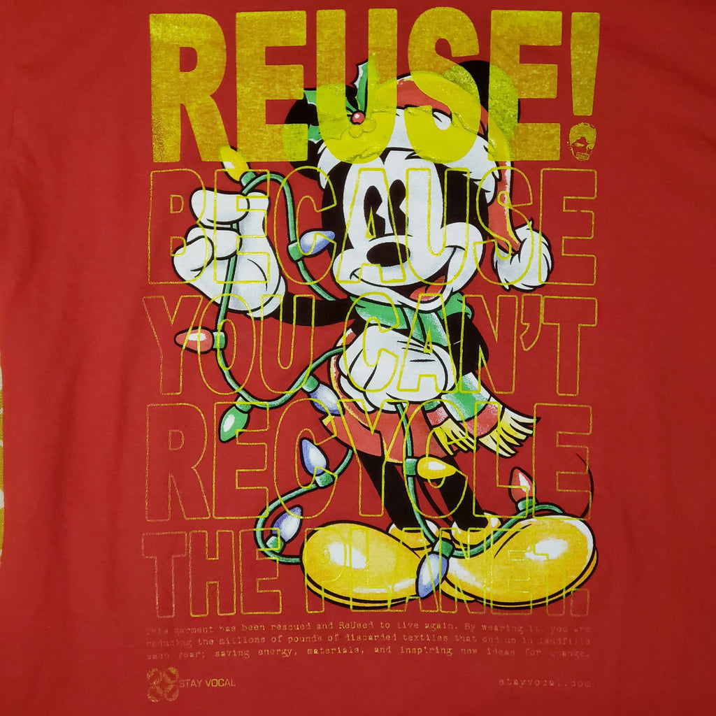 Eco friendly upcycled red Mickey Mouse with Christmas Lights T-Shirt that says Reuse Because You Can't Recycle The Planet.