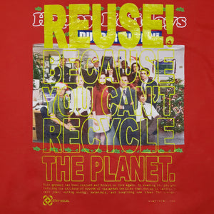 Eco friendly upcycled red The Office Happy Holidays T-Shirt that says Reuse Because You Can't Recycle The Planet.