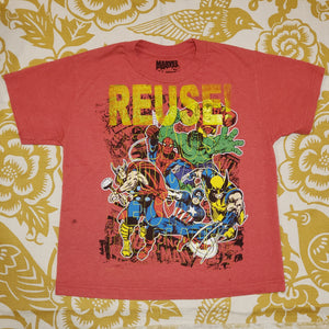 Eco friendly upcycled red Marvel characters T-Shirt that says Reuse Because You Can't Recycle The Planet.