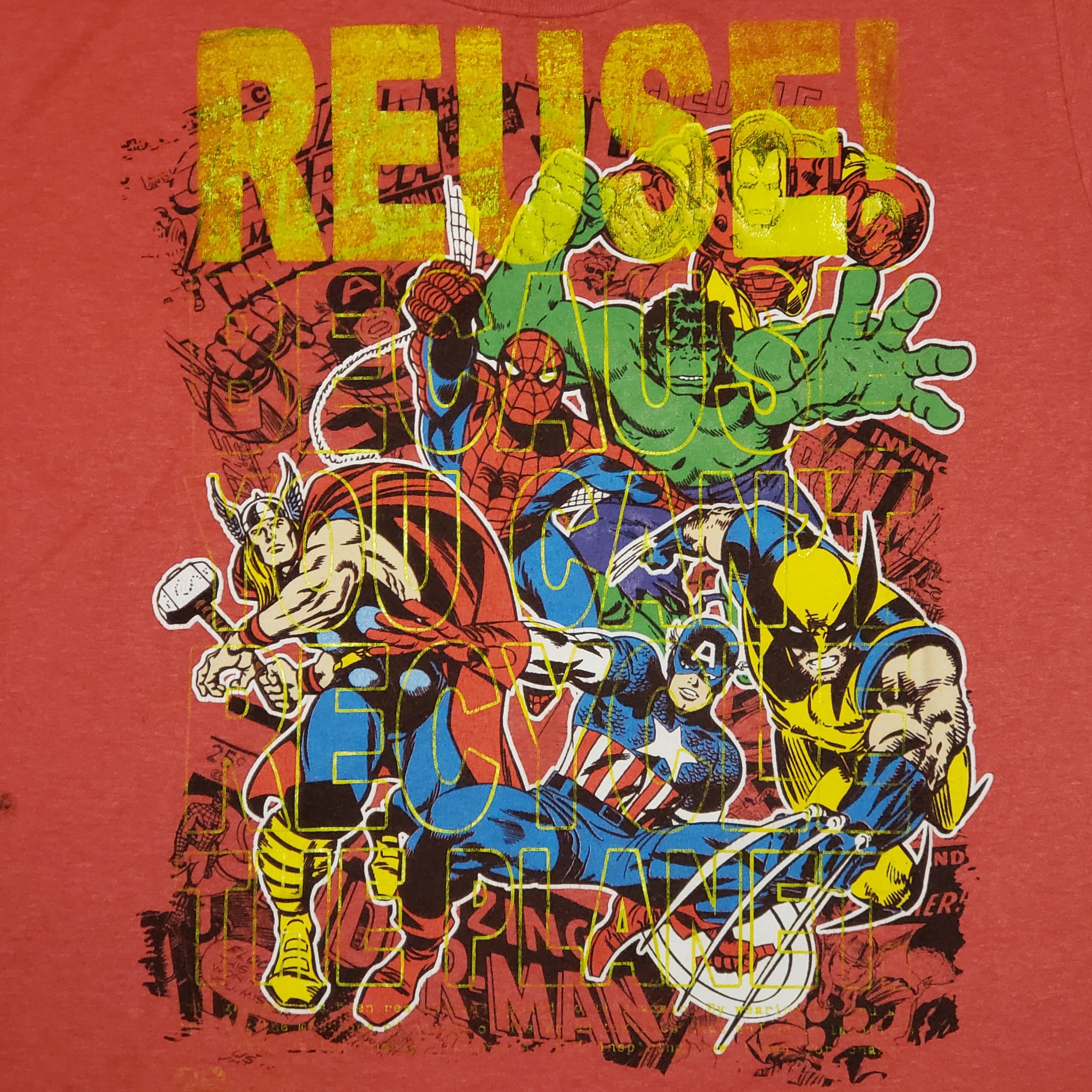 Eco friendly upcycled red Marvel characters T-Shirt that says Reuse Because You Can't Recycle The Planet.