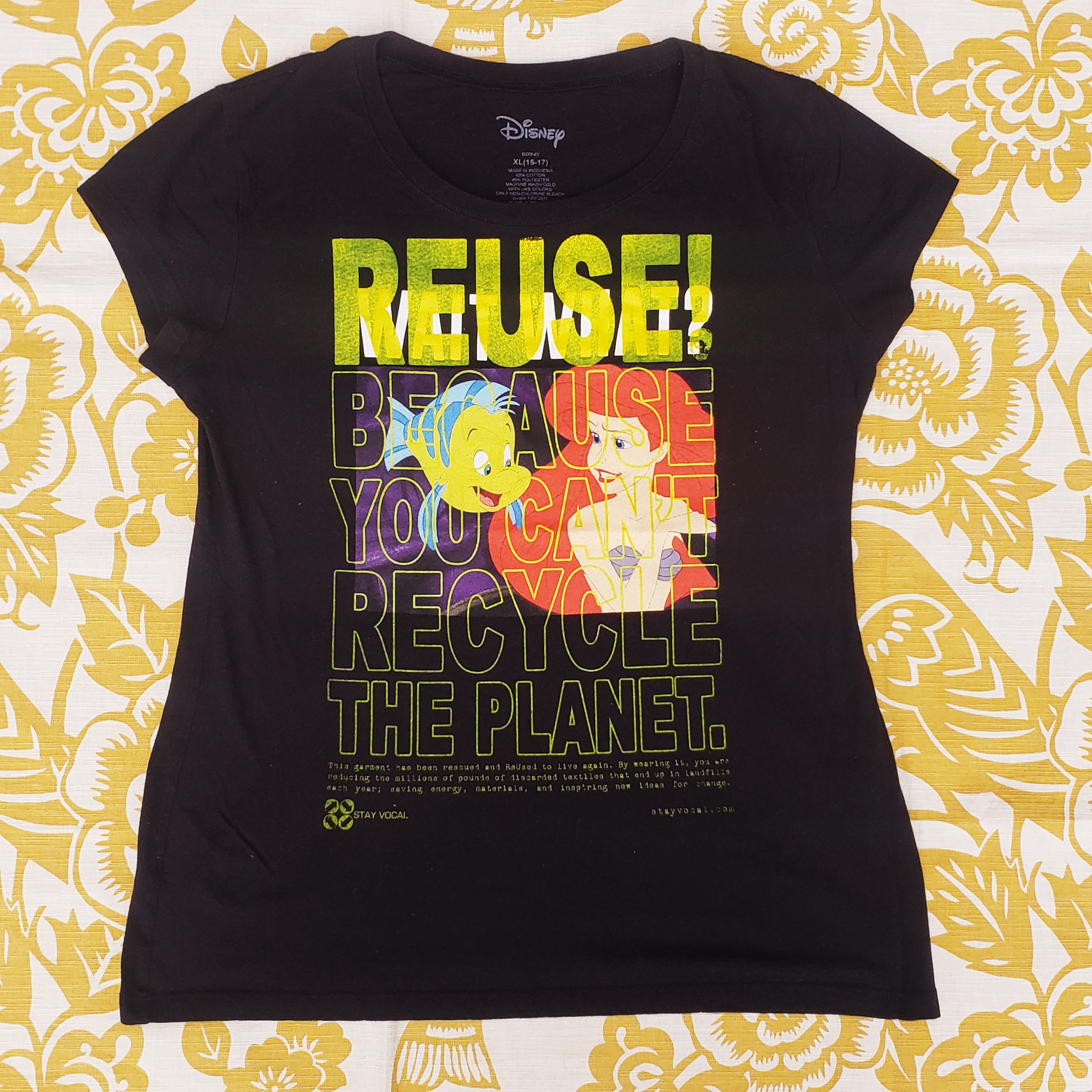 Eco friendly upcycled black The Little Mermaid & Flounder T-Shirt that says Reuse Because You Can't Recycle The Planet.