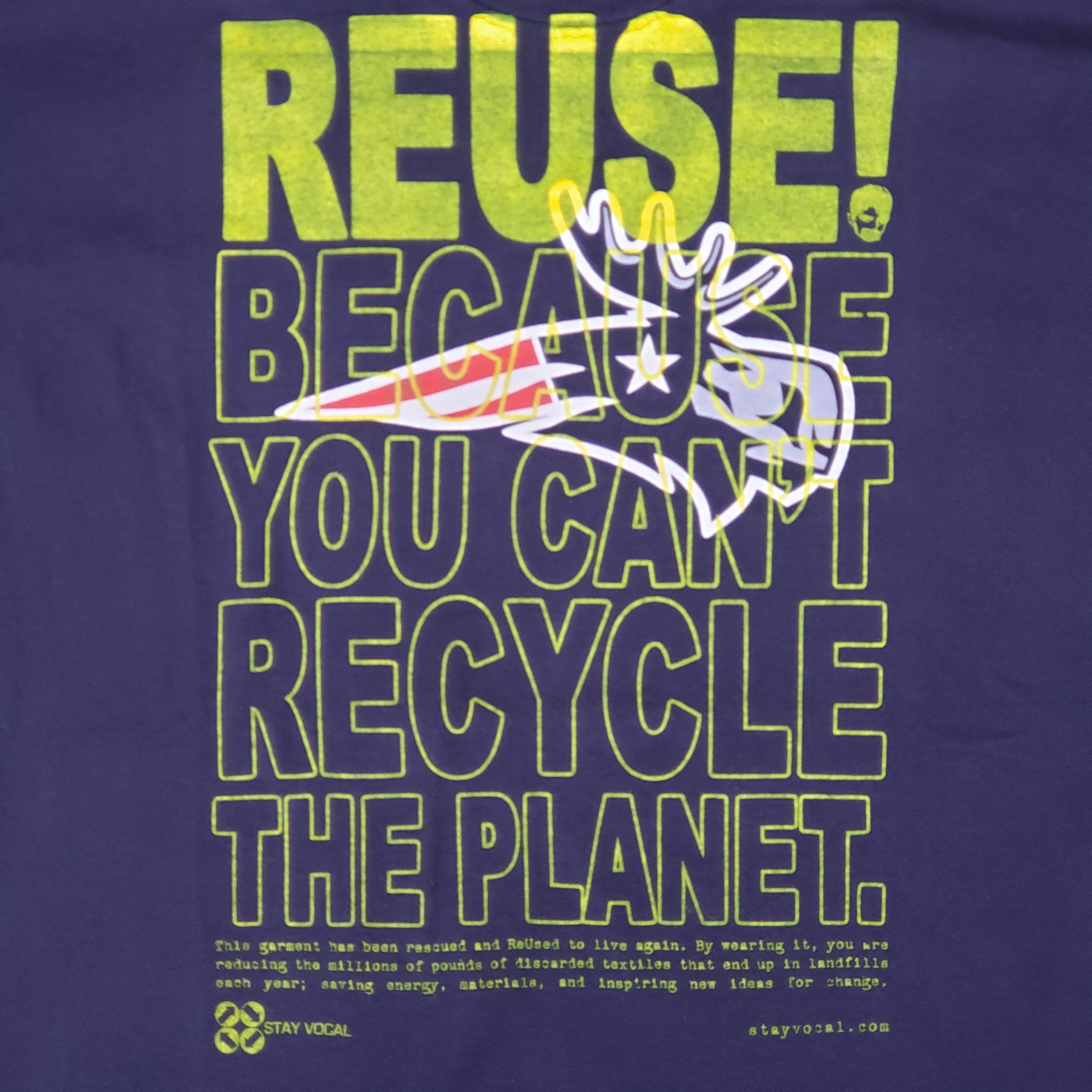 Eco friendly upcycled navy blue Patriot Moose T-Shirt that says Reuse Because You Can't Recycle The Planet.