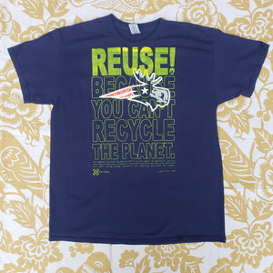 Eco friendly upcycled navy blue Patriot Moose T-Shirt that says Reuse Because You Can't Recycle The Planet.