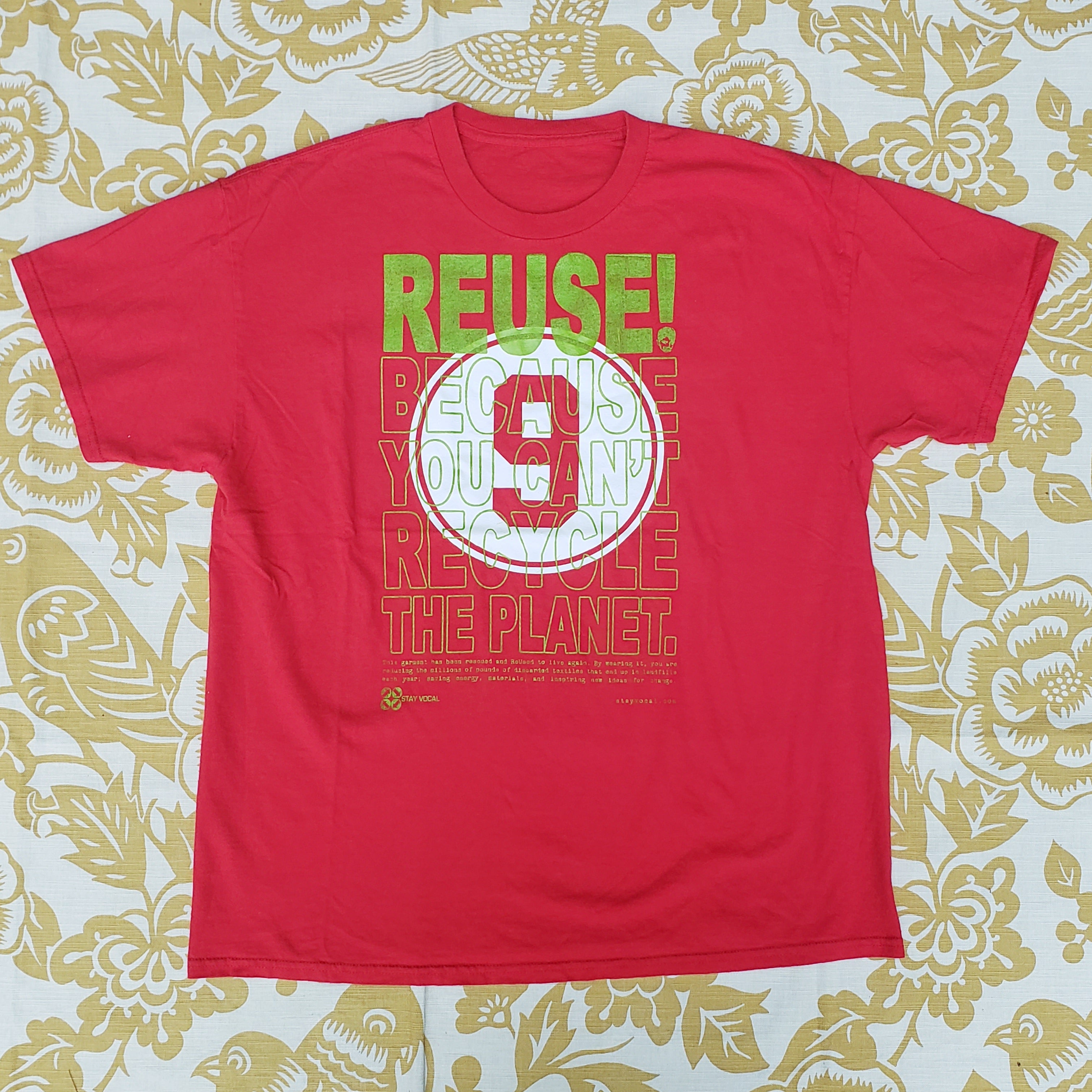 Eco friendly upcycled red Ted Williams Retired Number T-Shirt that says Reuse Because You Can't Recycle The Planet.