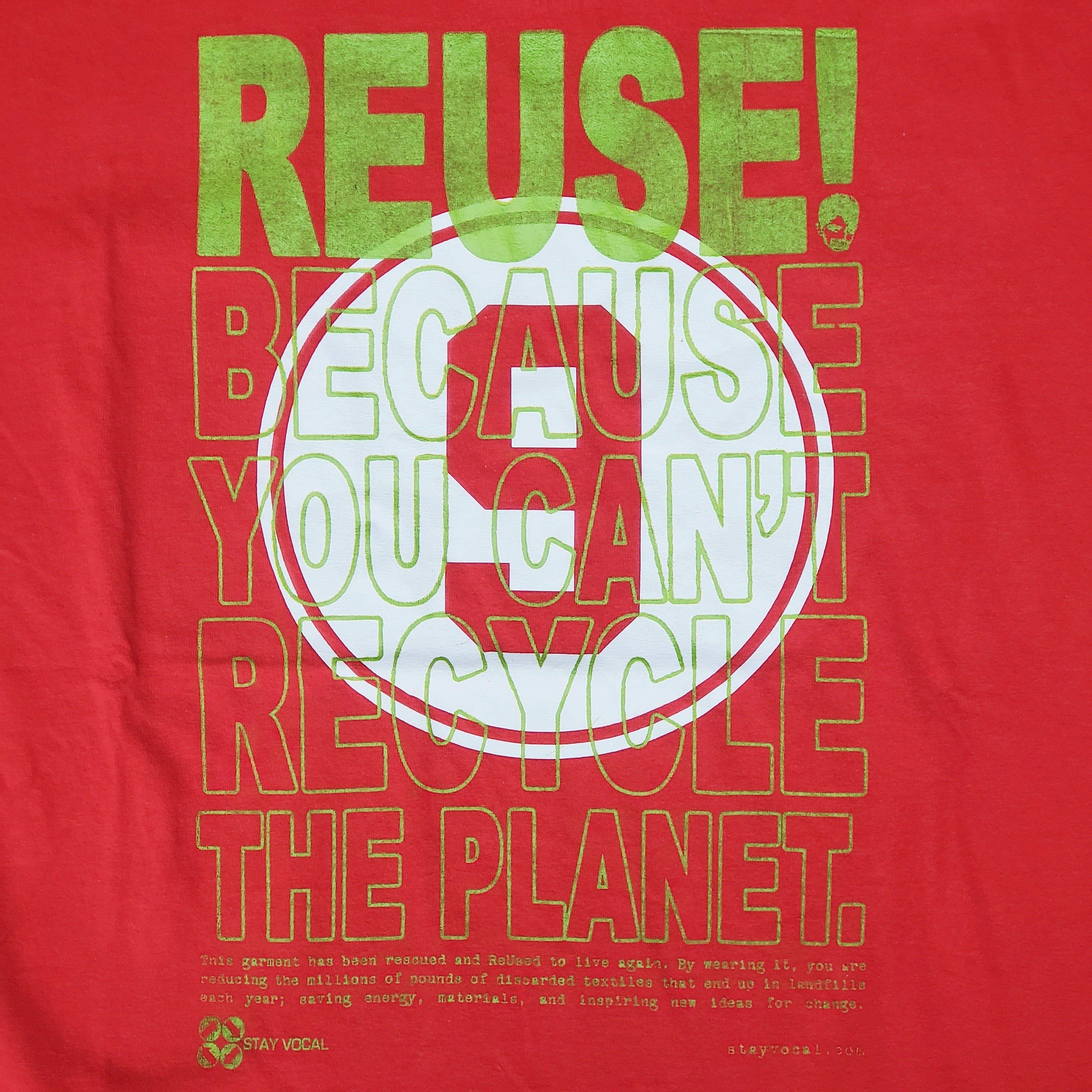 Eco friendly upcycled red Ted Williams Retired Number T-Shirt that says Reuse Because You Can't Recycle The Planet.