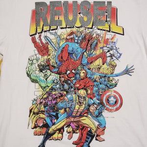 Eco friendly upcycled white Marvel characters T-Shirt that says Reuse Because You Can't Recycle The Planet.