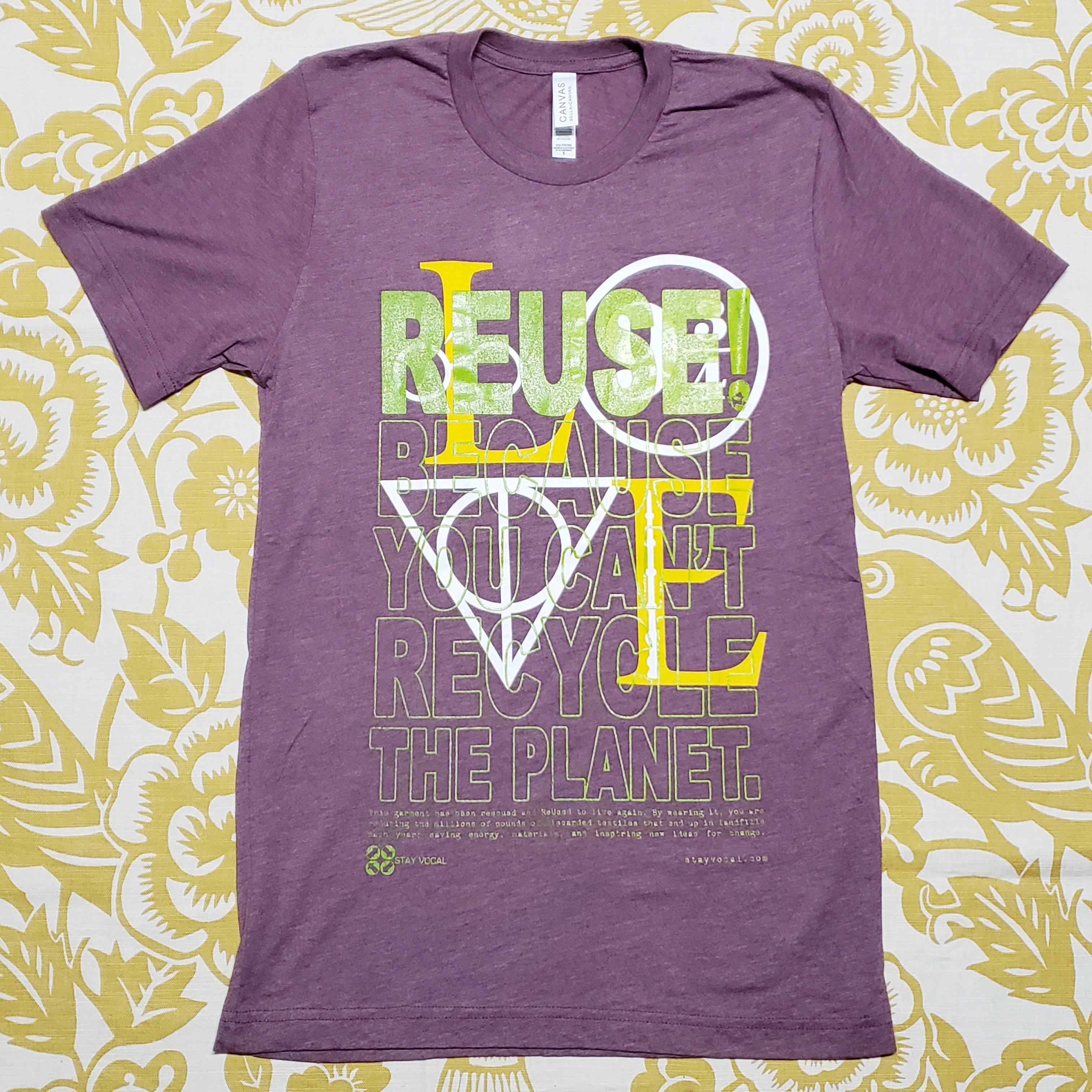 Eco friendly upcycled maroon Harry Potter Love T-Shirt that says Reuse Because You Can't Recycle The Planet.