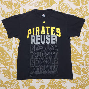 Eco friendly upcycled black Pittsburgh Pirates Roberto Clemente T-Shirt that says Reuse Because You Can't Recycle The Planet.