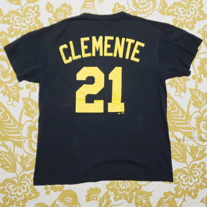 Eco friendly upcycled black Pittsburgh Pirates Roberto Clemente T-Shirt that says Reuse Because You Can't Recycle The Planet.