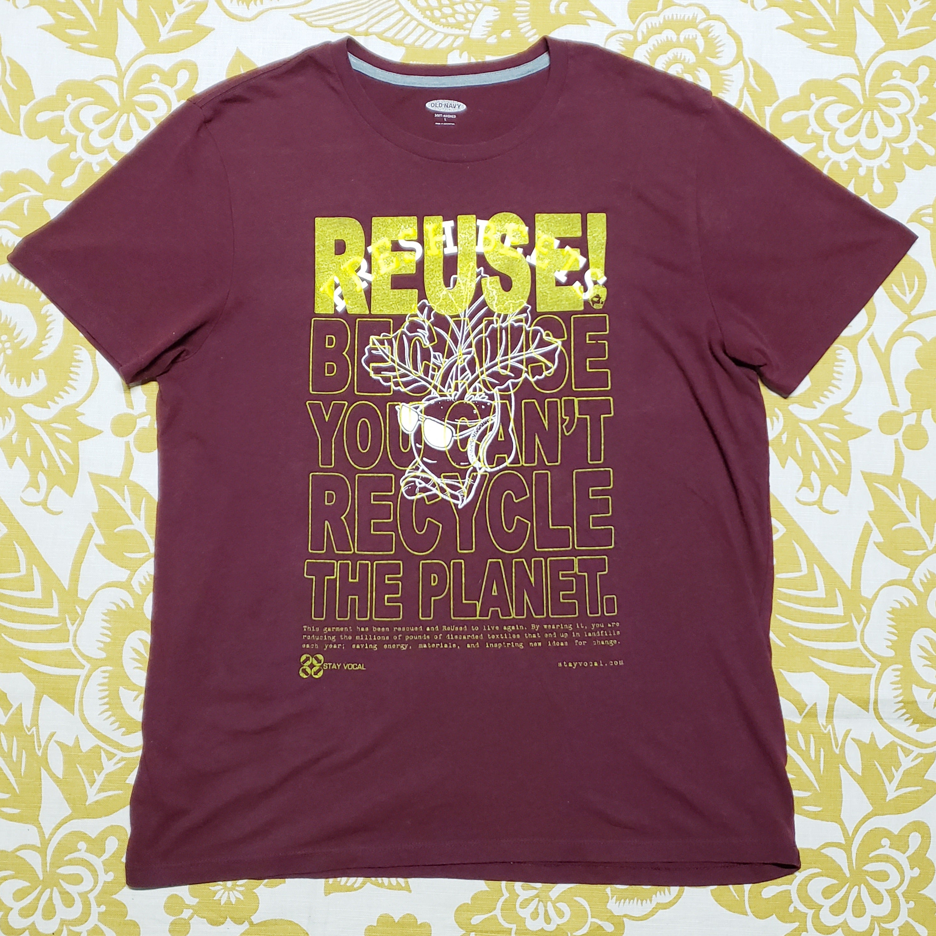 Eco friendly upcycled maroon Fresh Beets T-Shirt that says Reuse Because You Can't Recycle The Planet.