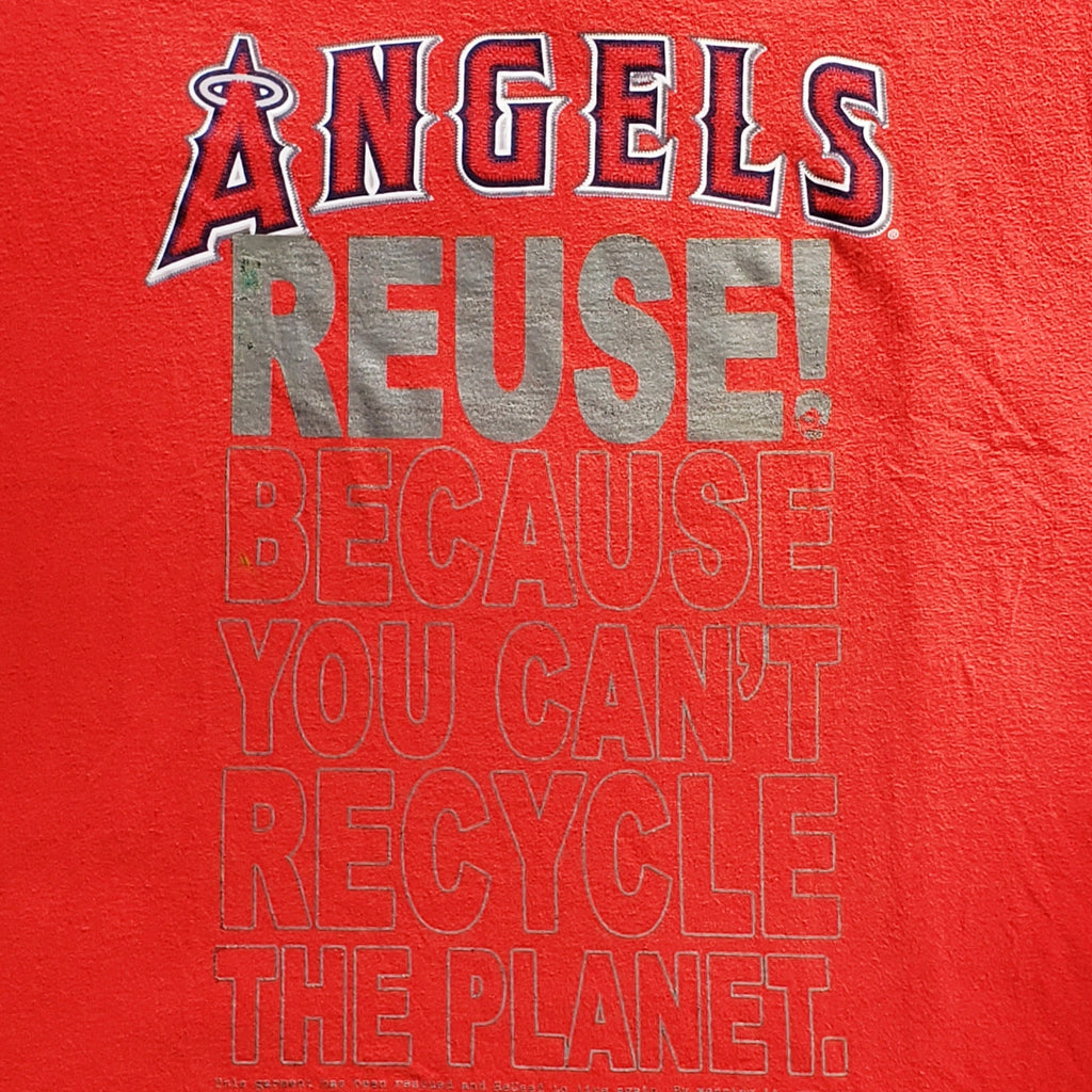 Eco friendly upcycled red Shohei Ohtani Angels T-Shirt that says Reuse Because You Can't Recycle The Planet.