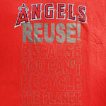 Eco friendly upcycled red Shohei Ohtani Angels T-Shirt that says Reuse Because You Can't Recycle The Planet.