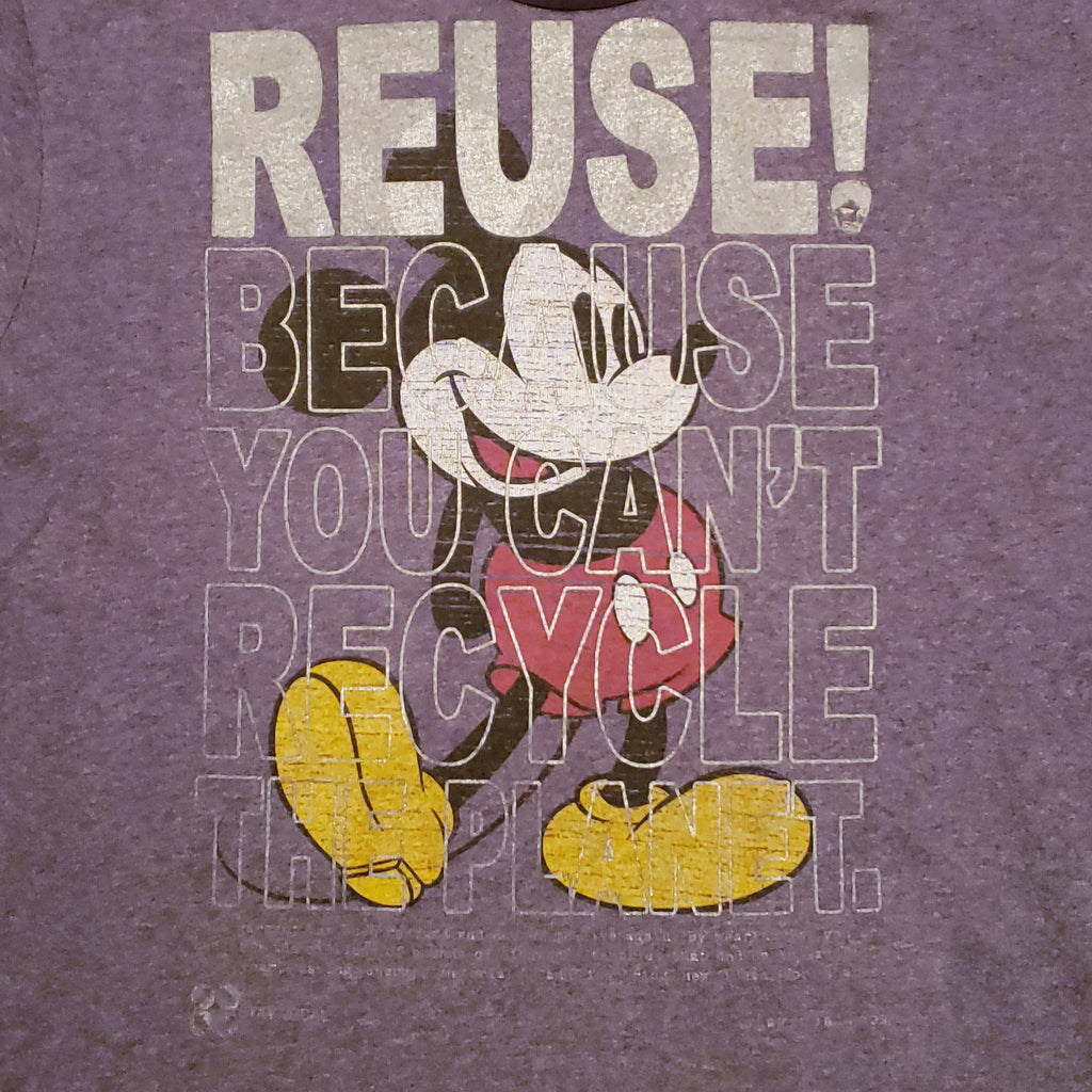 Eco friendly upcycled blue vintage Mickey Mouse T-Shirt that says Reuse Because You Can't Recycle The Planet.