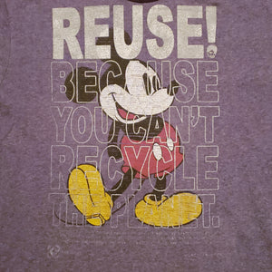 Eco friendly upcycled blue vintage Mickey Mouse T-Shirt that says Reuse Because You Can't Recycle The Planet.