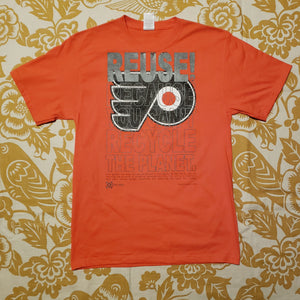 Eco friendly upcycled orange Eric Lindros Flyers T-Shirt that says Reuse Because You Can't Recycle The Planet.