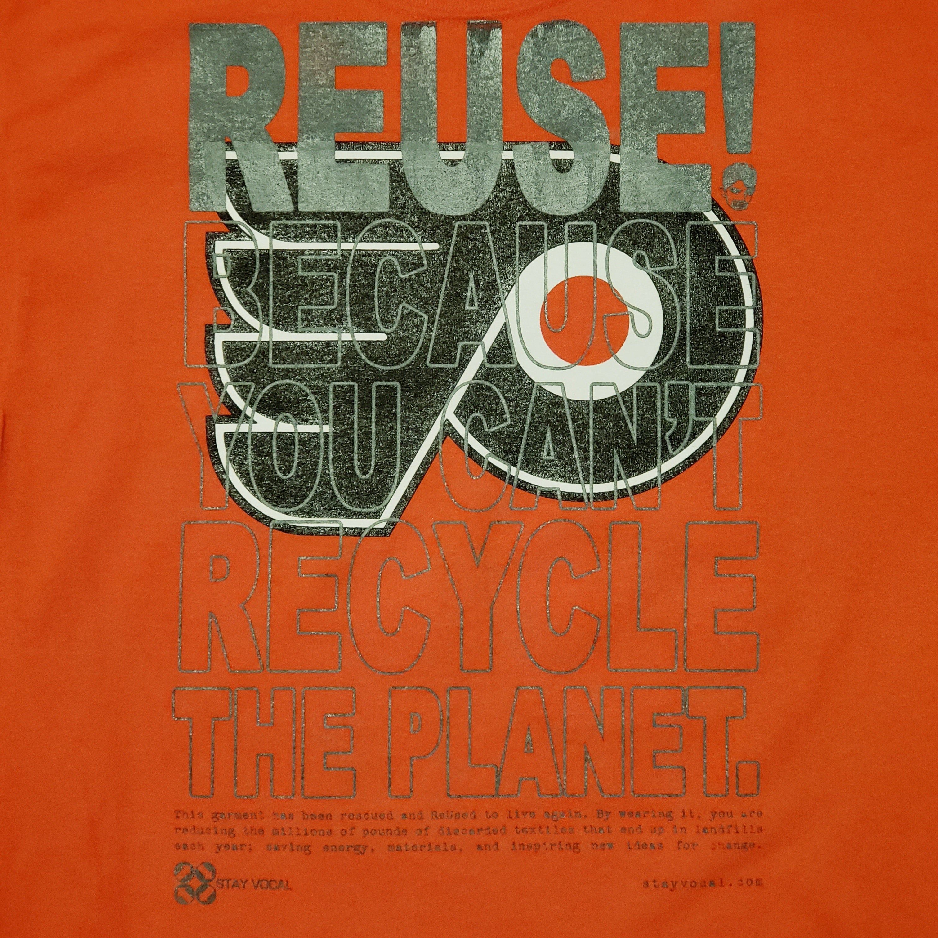 Eco friendly upcycled orange Eric Lindros Flyers T-Shirt that says Reuse Because You Can't Recycle The Planet.