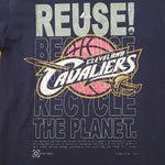 Eco friendly upcycled blue Lebron James Cavaliers T-Shirt that says Reuse Because You Can't Recycle The Planet.