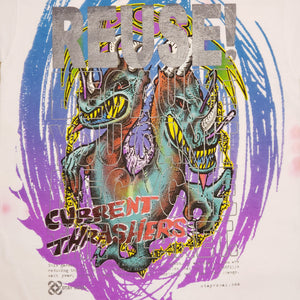 Eco friendly upcycled tie dye Playstation 3 Dragons T-Shirt that says Reuse Because You Can't Recycle The Planet.