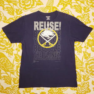 Eco friendly upcycled blue Jack Eichel Sabrs T-Shirt that says Reuse Because You Can't Recycle The Planet.