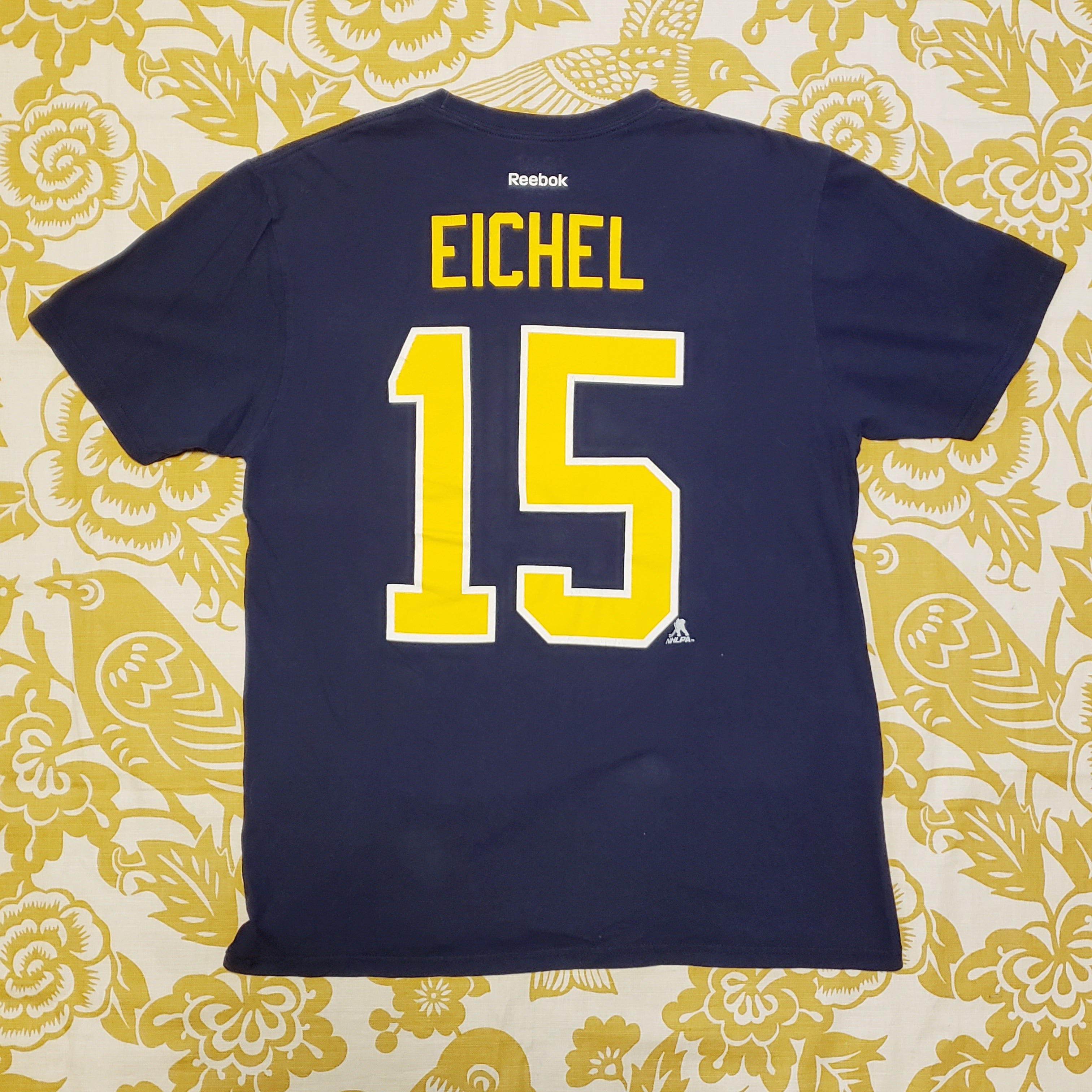 Eco friendly upcycled blue Jack Eichel Sabrs T-Shirt that says Reuse Because You Can't Recycle The Planet.