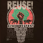 Eco friendly upcycled Black Vegfest T-Shirt that says Reuse Because You Can't Recycle The Planet.