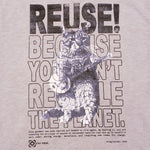Eco friendly upcycled Banjo Cat T-Shirt that says Reuse Because You Can't Recycle The Planet.