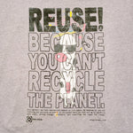 Eco friendly upcycled gray Stay Cool Cow T-Shirt that says Reuse Because You Can't Recycle The Planet.