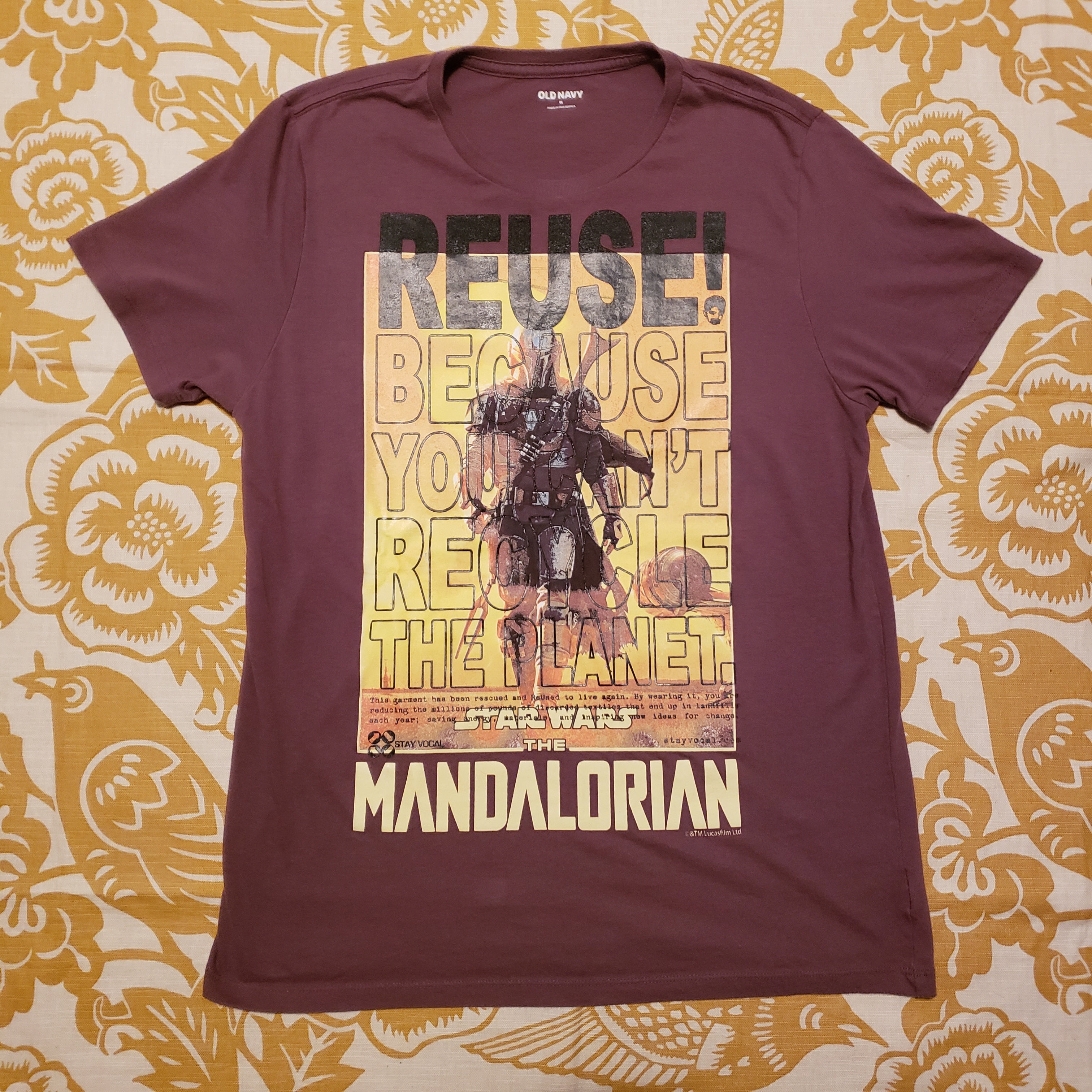 Eco friendly upcycled maroon Star Wars The Mandalorian T-Shirt that says Reuse Because You Can't Recycle The Planet.