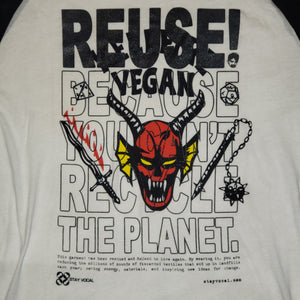 Eco friendly upcycled white Devil T-Shirt that says Reuse Because You Can't Recycle The Planet.