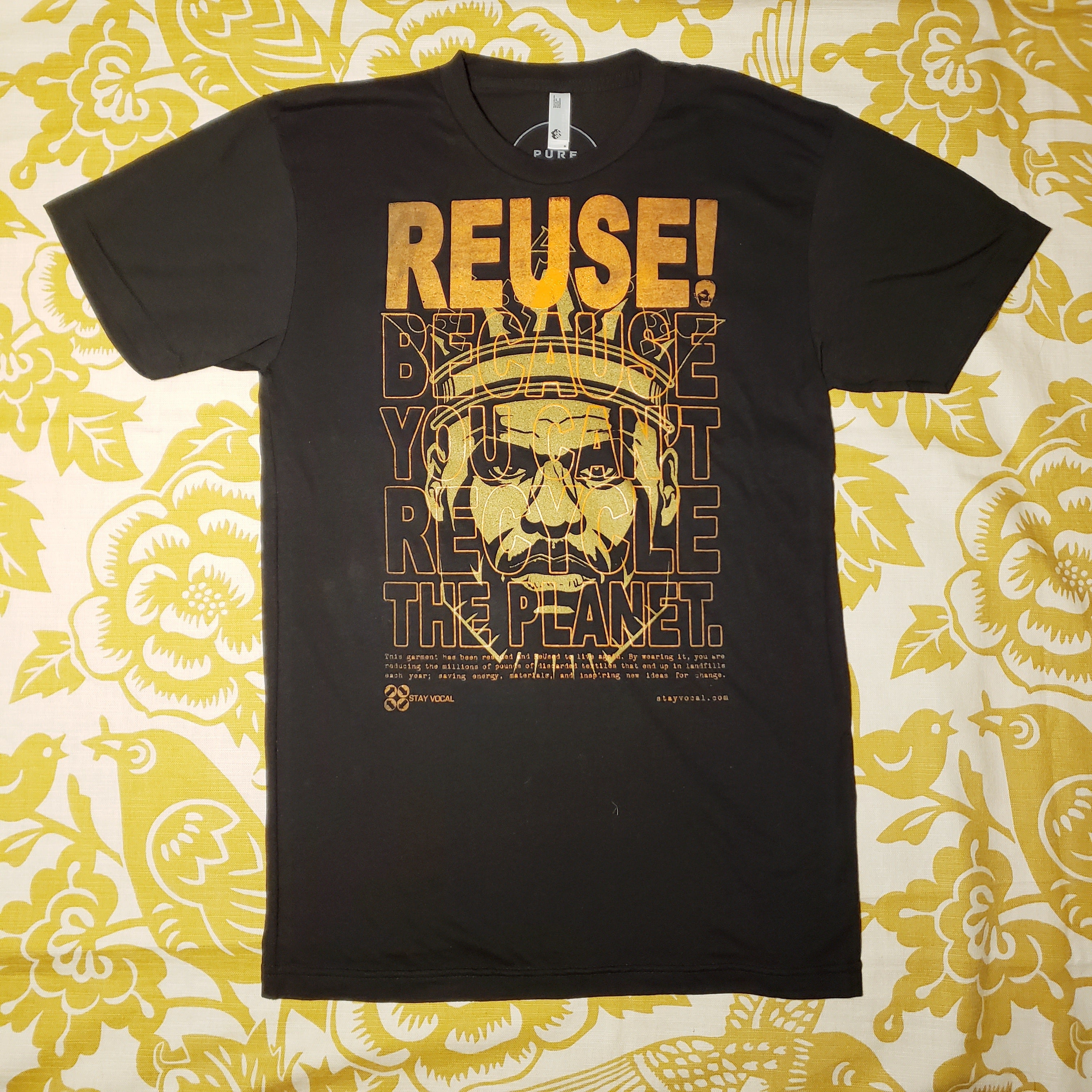 Eco friendly upcycled black LeBron King James T-Shirt that says Reuse Because You Can't Recycle The Planet.