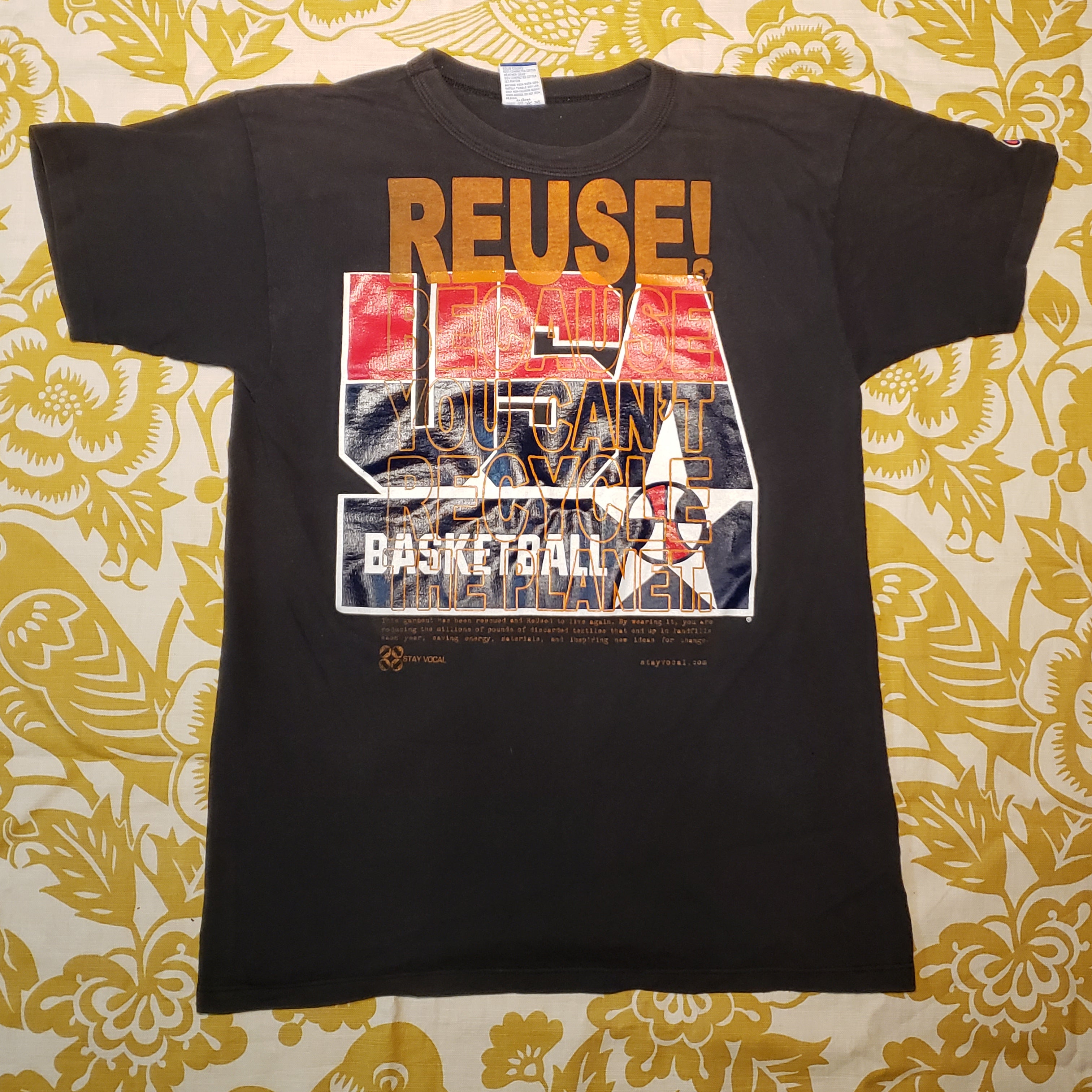 Eco friendly upcycled blue USA Basketball T-Shirt that says Reuse Because You Can't Recycle The Planet.