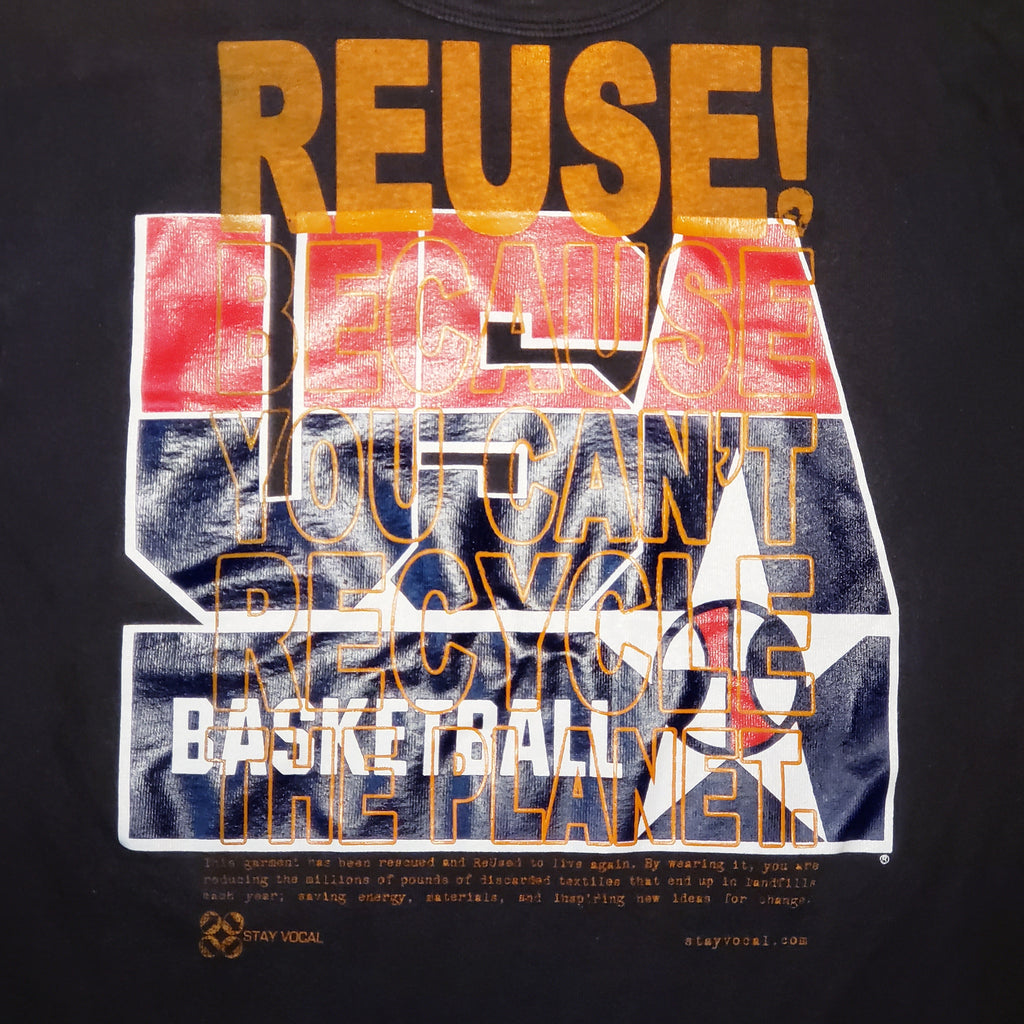 Eco friendly upcycled blue USA Basketball T-Shirt that says Reuse Because You Can't Recycle The Planet.