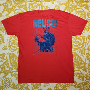 Eco friendly upcycled red James Naismith Basketball T-Shirt that says Reuse Because You Can't Recycle The Planet.