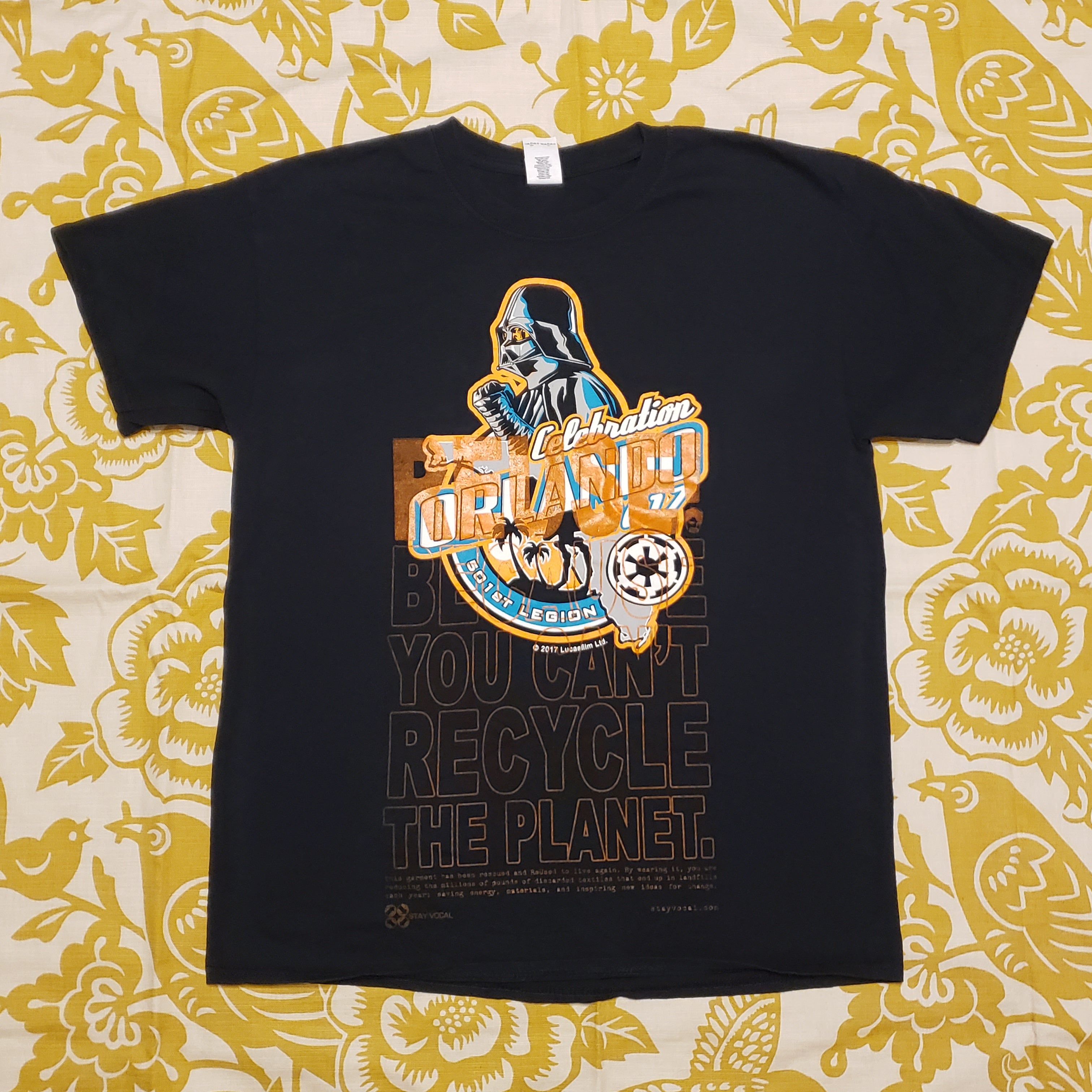 Eco friendly upcycled black Darth Vader T-Shirt that says Reuse Because You Can't Recycle The Planet.