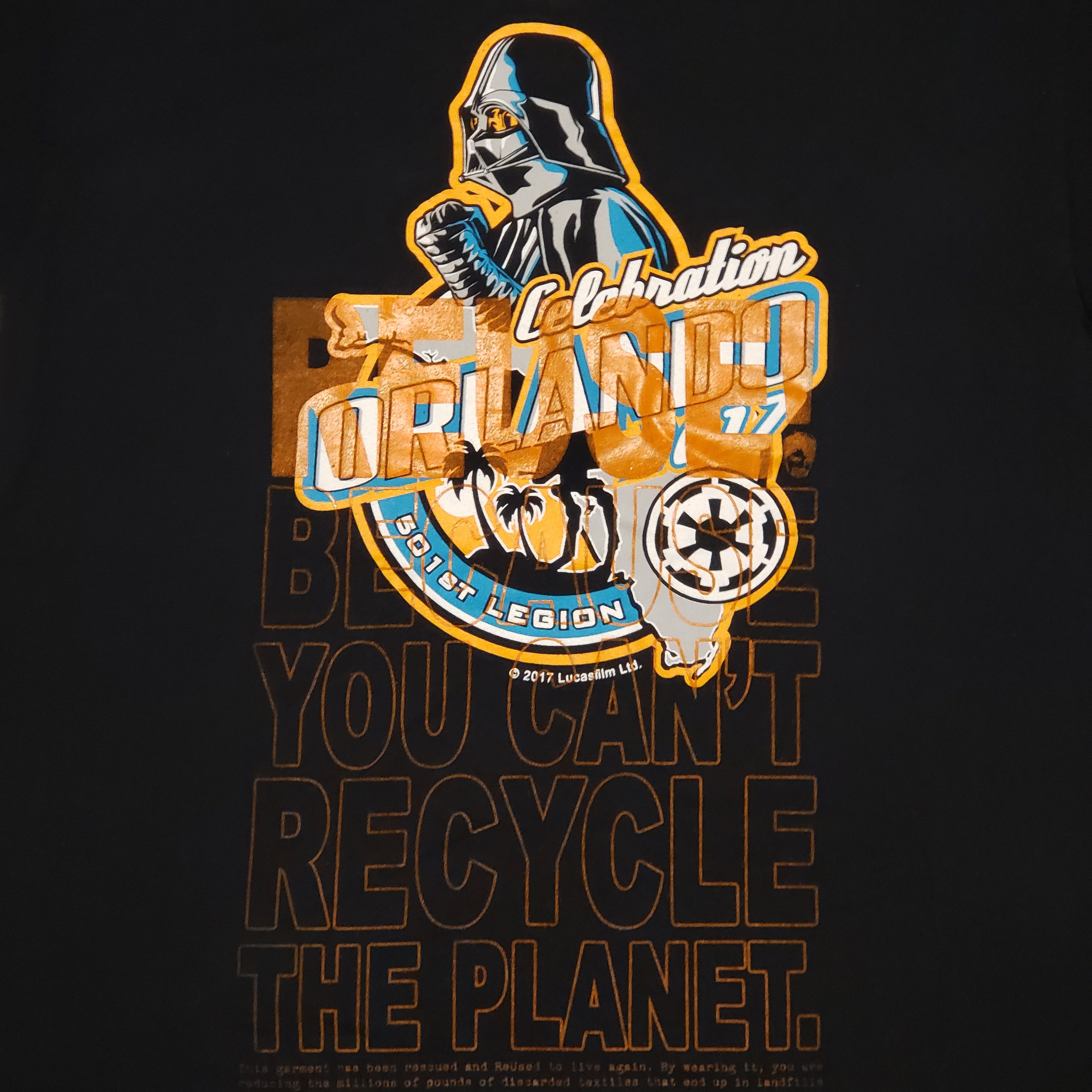 Eco friendly upcycled black Darth Vader T-Shirt that says Reuse Because You Can't Recycle The Planet.