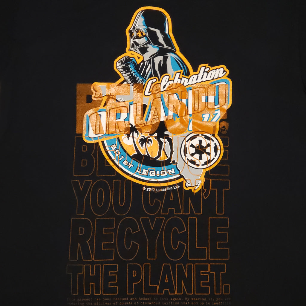 Eco friendly upcycled black Darth Vader T-Shirt that says Reuse Because You Can't Recycle The Planet.