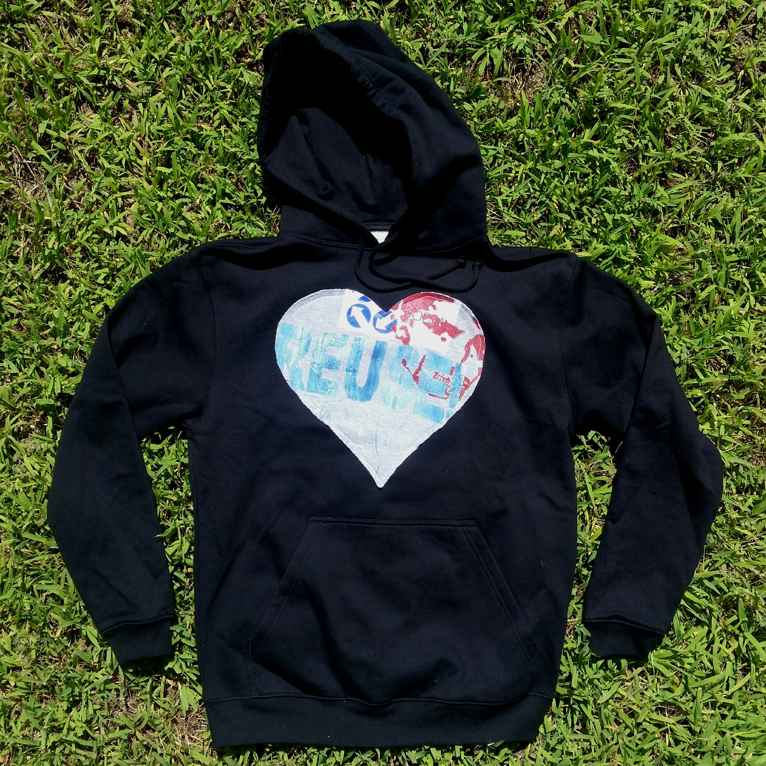 One of a Kind (Men's M) Heart REUSE! Face Patch Pullover Hoodie