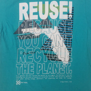 Eco friendly upcycled teal Florida sailboats T-Shirt that says Reuse Because You Can't Recycle The Planet.