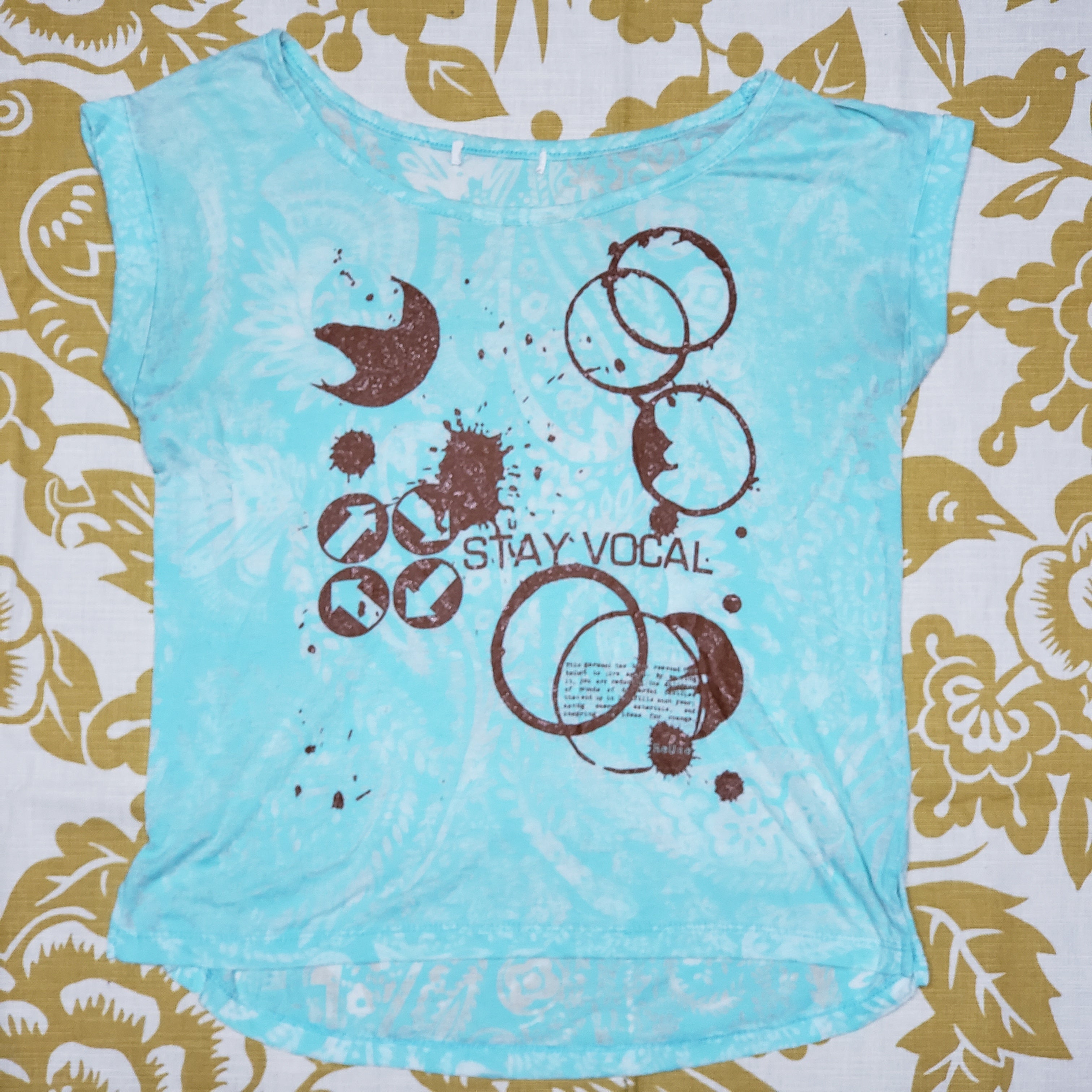One of a Kind (Women's S) Coffee and Aqua Flowers T-Shirt