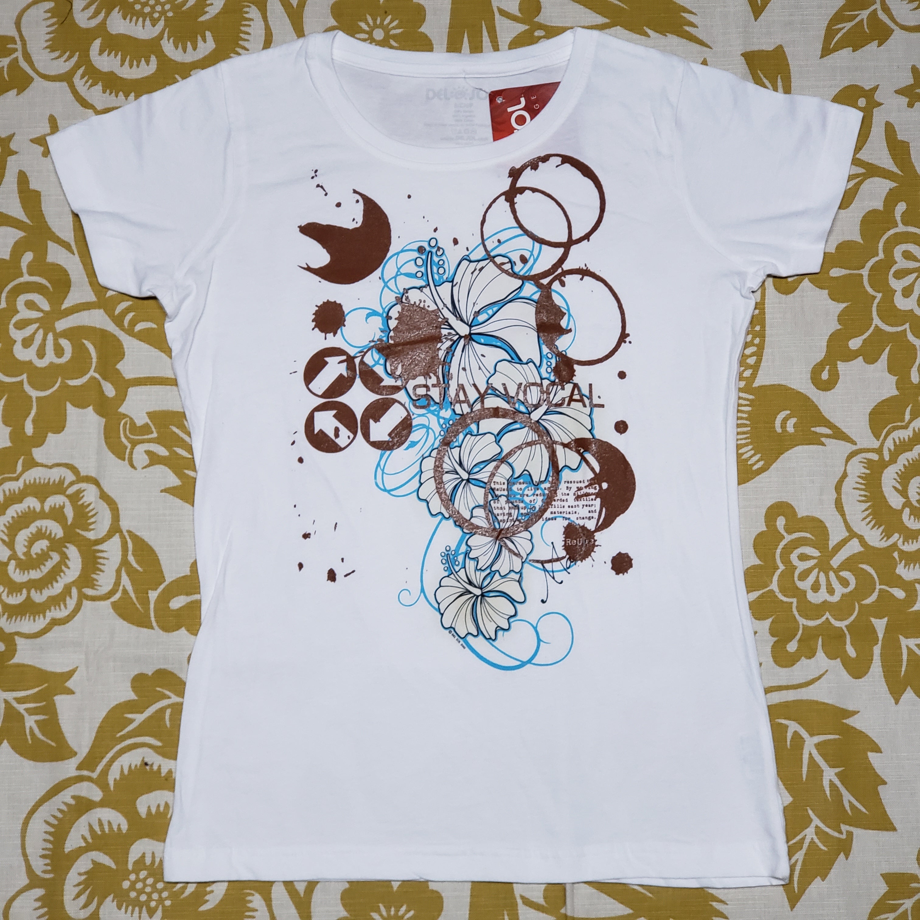 One of a Kind (Women's S) Coffee & Floral Swirl T-Shirt