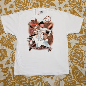 Eco friendly upcycled white Cal Ripken Baseball T-Shirt that says STAY VOCAL in coffee stains.