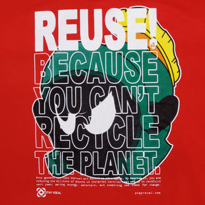 Eco friendly upcycled red Marvin the Martian T-Shirt that says Reuse Because You Can't Recycle The Planet.