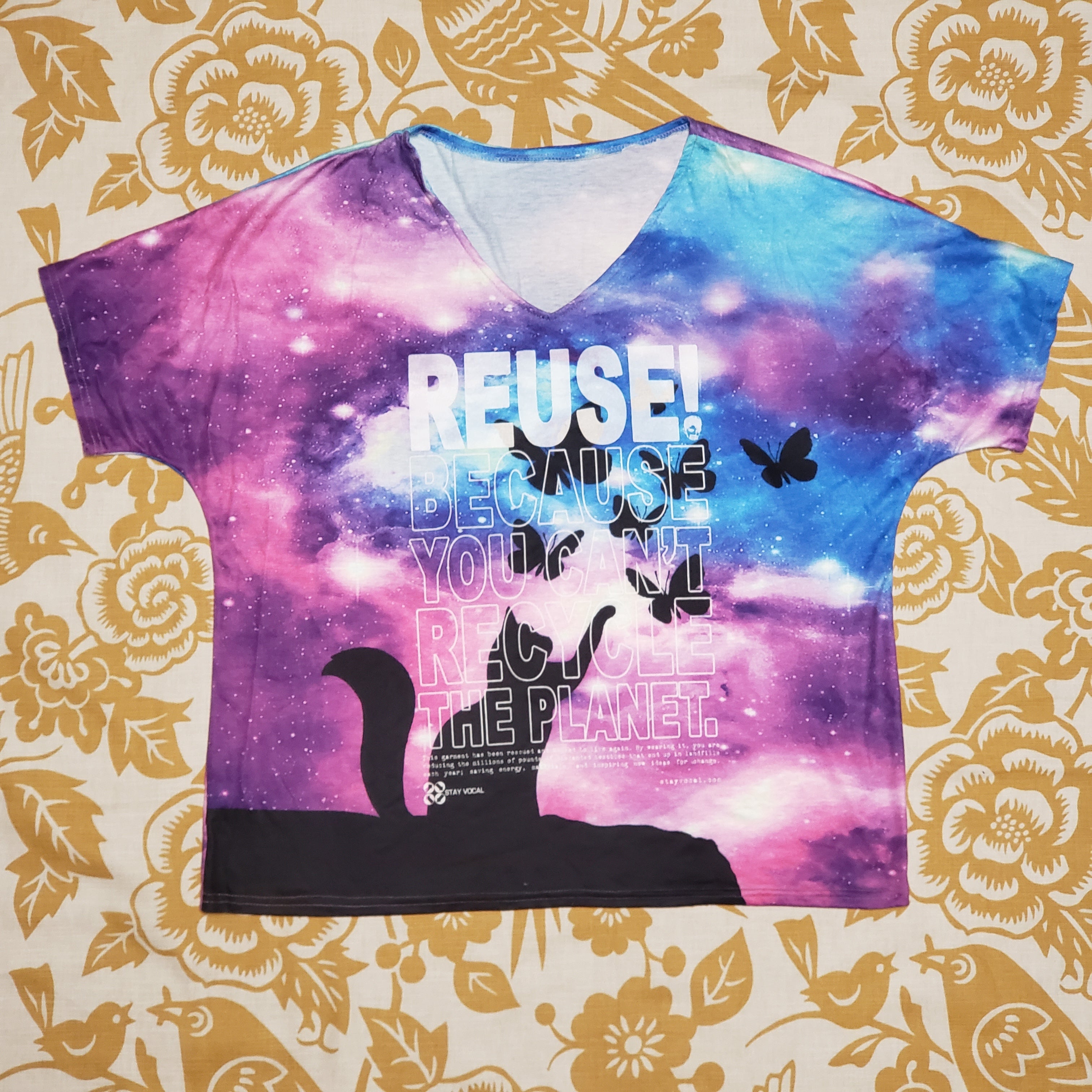 One of a Kind (Women's XXL) REUSE! Cat & Butterflies V-Neck T-Shirt