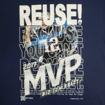 Eco friendly upcycled blue Tom Brady MVP T-Shirt that says Reuse Because You Can't Recycle The Planet.