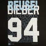 Eco friendly upcycled black Justin Bieber 94 T-Shirt that says Reuse Because You Can't Recycle The Planet.