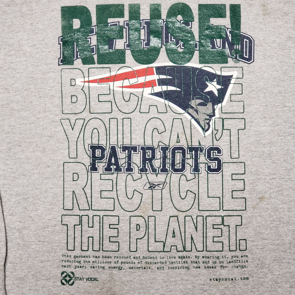 Eco friendly upcycled gray New England Patriots T-Shirt that says Reuse Because You Can't Recycle The Planet.