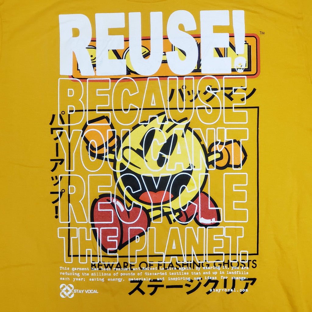 Eco friendly upcycled yellow Japanese Pac-Man T-Shirt that says Reuse Because You Can't Recycle The Planet.