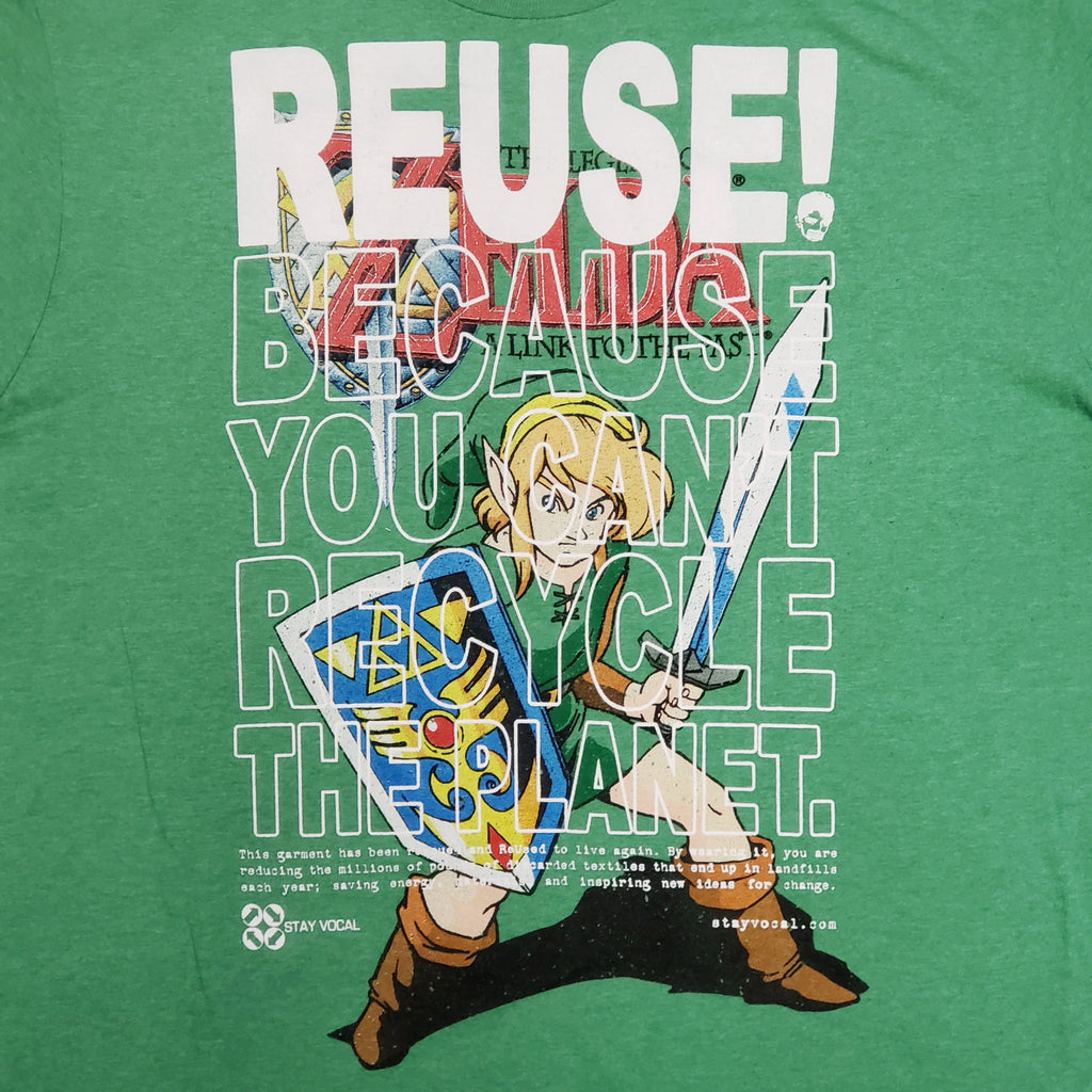 Eco friendly upcycled green Legend of Zelda T-Shirt that says Reuse Because You Can't Recycle The Planet.